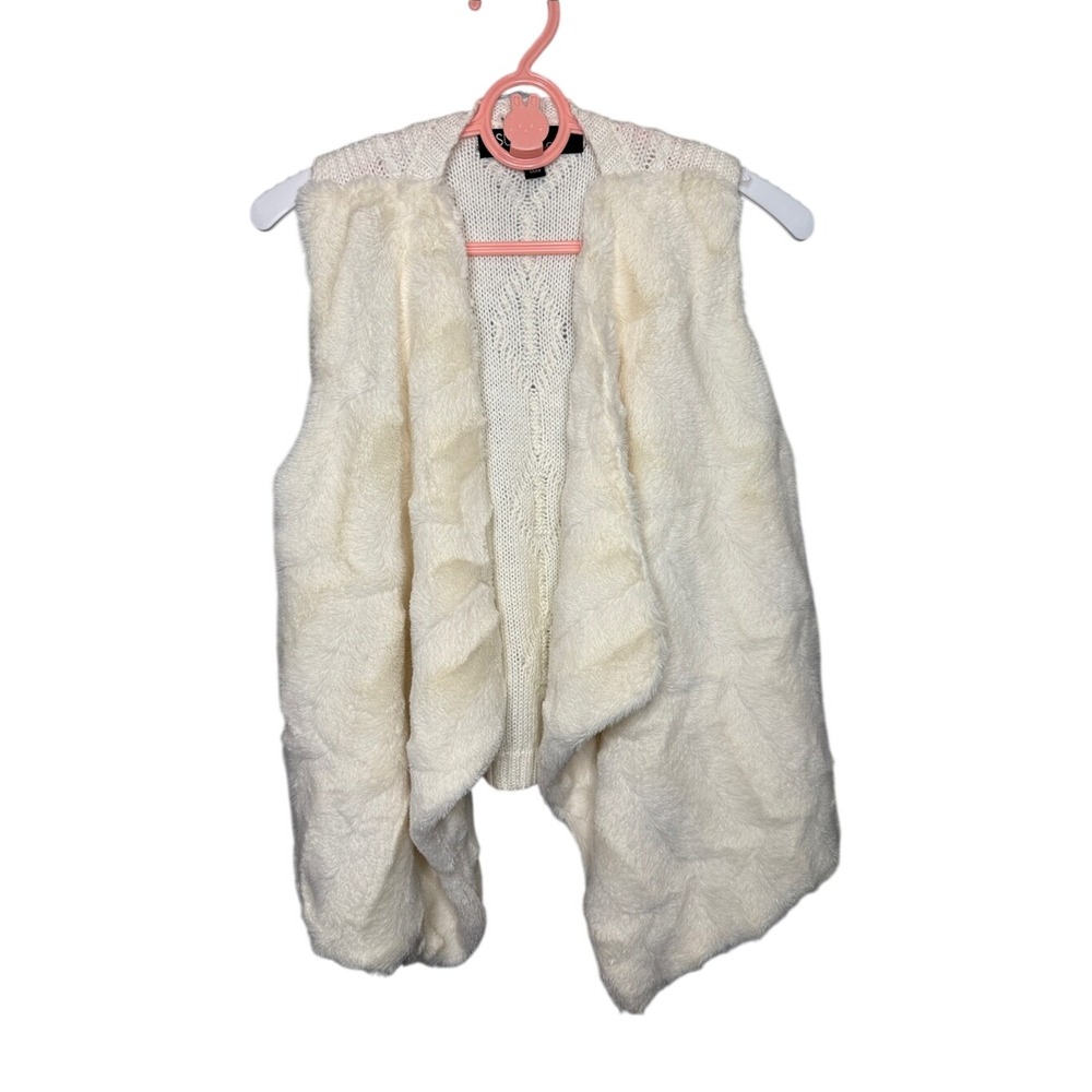 Sugar Rush Girls Ivory Faux Fur Cable Knit Back Draped Open Front Vest Size S